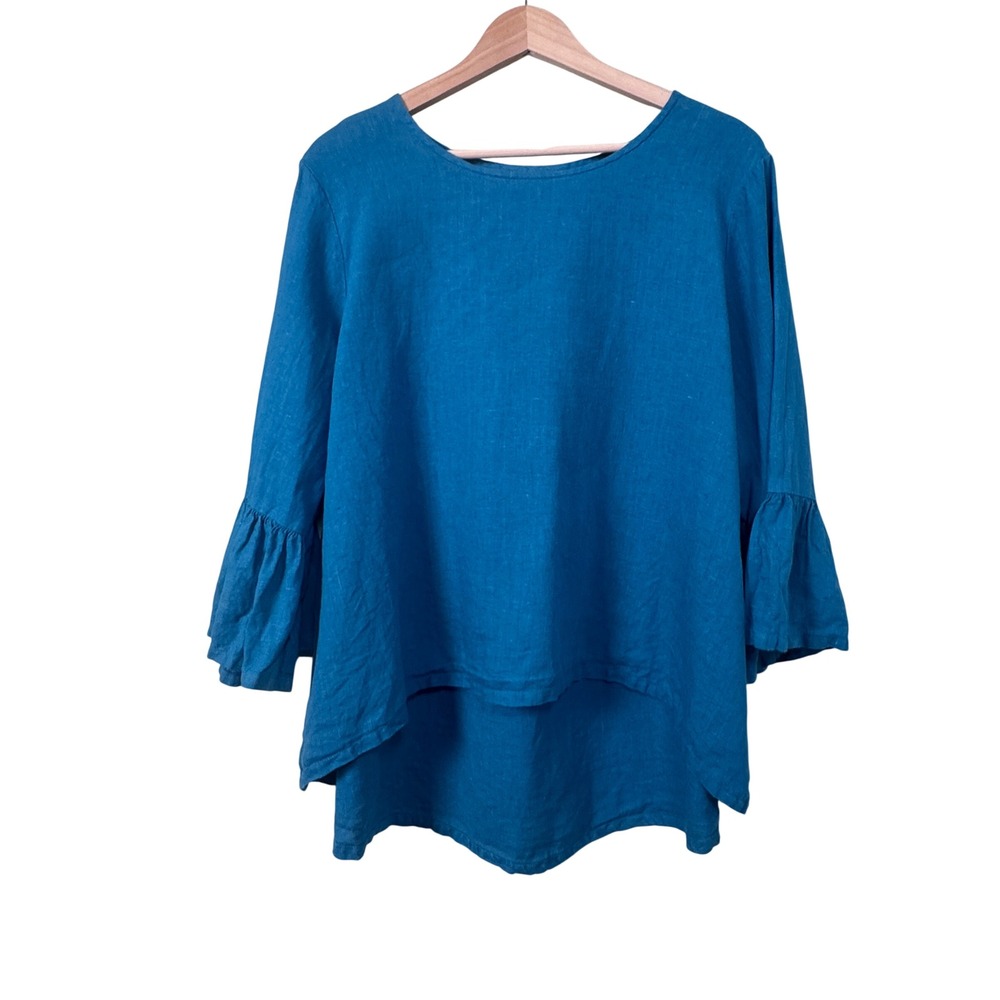 Bryn Walker Fran Basic Linen Ruffle Bell Sleeve High-Low Top Teal Blue Size M